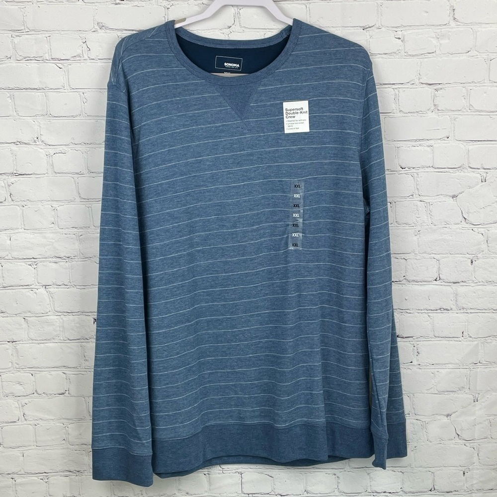 Men's Sonoma Soft Double-Knit Long Sleeve Blue Stripe Rayon Crew Shirt 2XL NWT